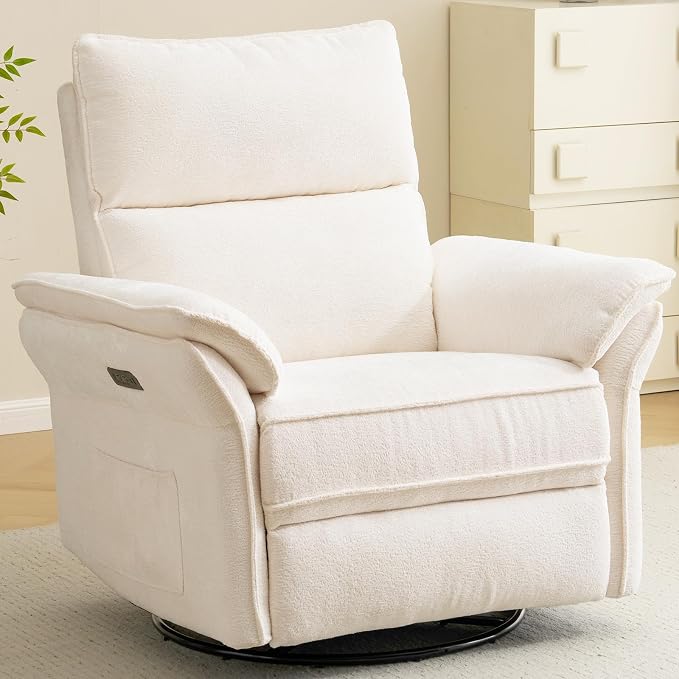 Oversized Power Recliner Chair Swivel Glider with Massage and Heat, Rocker Nursery Recliner for Adults with Adjustable Headrest, 24" Extra Wide Nursery Chair with Overstuffed Armrest,White