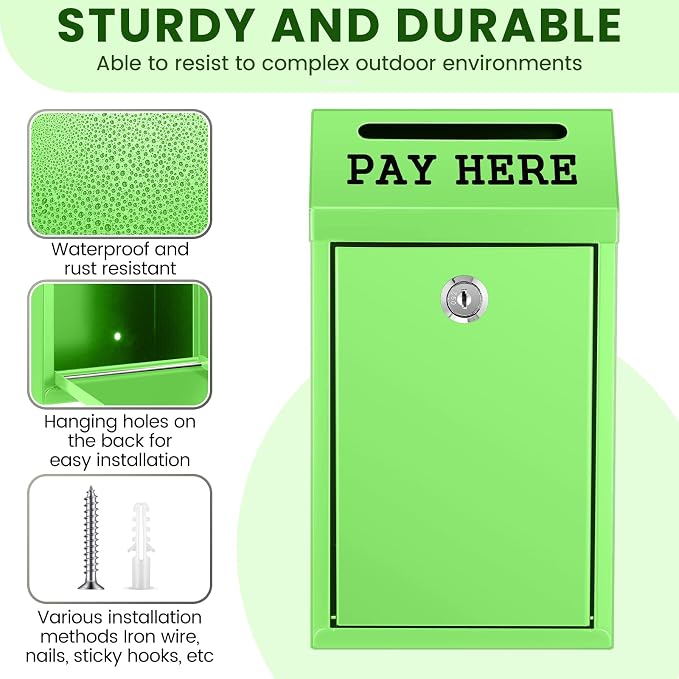 Yaocom Safe Metal Cash Box for Farm Stand – Money Drop and Secure Donation Collection, Wall Mount Lockable Unit with Pre Drilled Holes for Outdoor Self Serve(Grass Green,10.2 x 5.7 x 2.8 Inch)