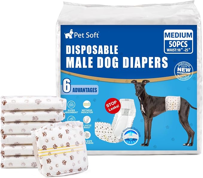 Pet Soft Dog Diapers Male - Disposable Male Dog Wraps Wetness Indicator, Ultra Absorbent Doggie Diapers Comfortable for Incontinence Excitable Urination, 50pcs Medium