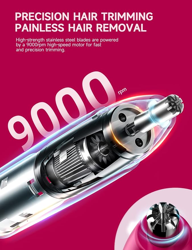 ZORAMI Rechargeable Ear and Nose Hair Trimmer - 2026 Professional Painless Eyebrow & Facial Hair Trimmer for Men Women, Powerful Motor and Dual-Edge Blades for Smoother Cutting Magenta