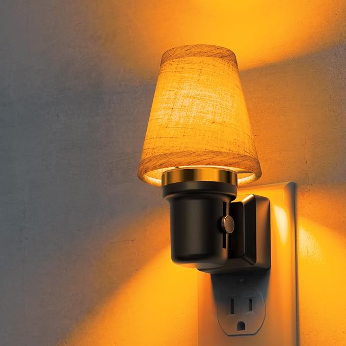 L LOHAS LED Night Lights Plug into Wall, Linen Fabric Night Light | Dusk to Dawn Sensor Vintage Nightlight, Amber Warm Light 0-100LM Dimmable, Decor for Bedroom Living Room Hallway
