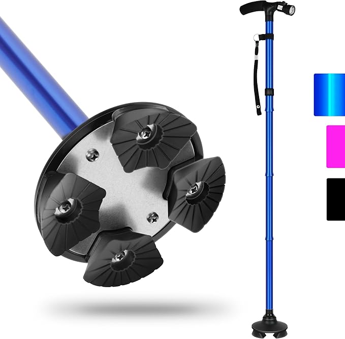 Folding Cane with Led Light, Adjustable Canes for Men and Women, Walking Stick for Elderly with Cushion Handle and Pivoting Quad Base for Hiking Mountain Climbing Backpacker…