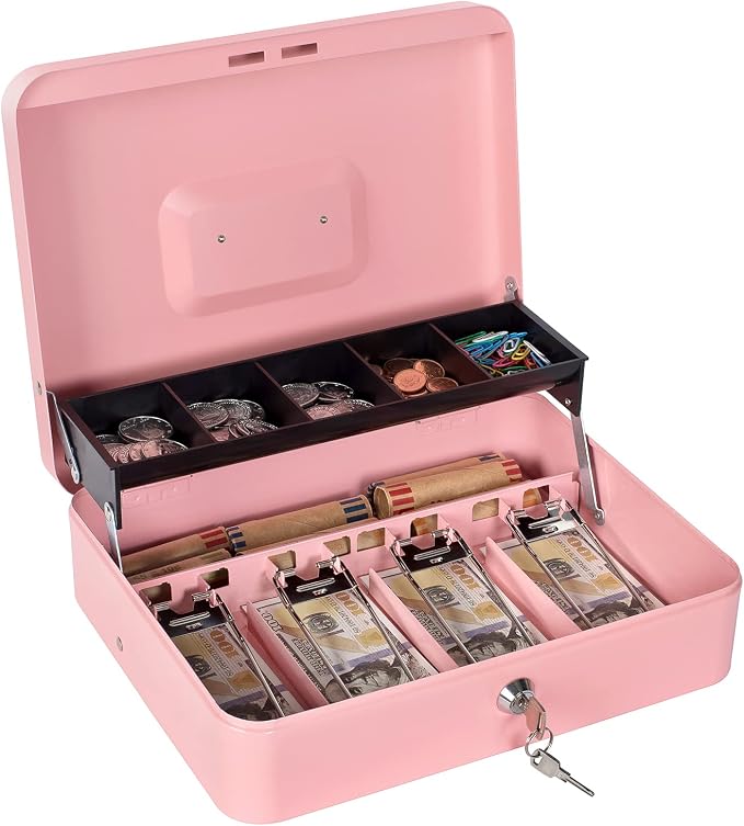 Cash Box with Money Tray and Lock - Metal Money Box for Cash Register, Large Lock Box for Money Safe 11.8" x 9.4" x 3.54" Pink