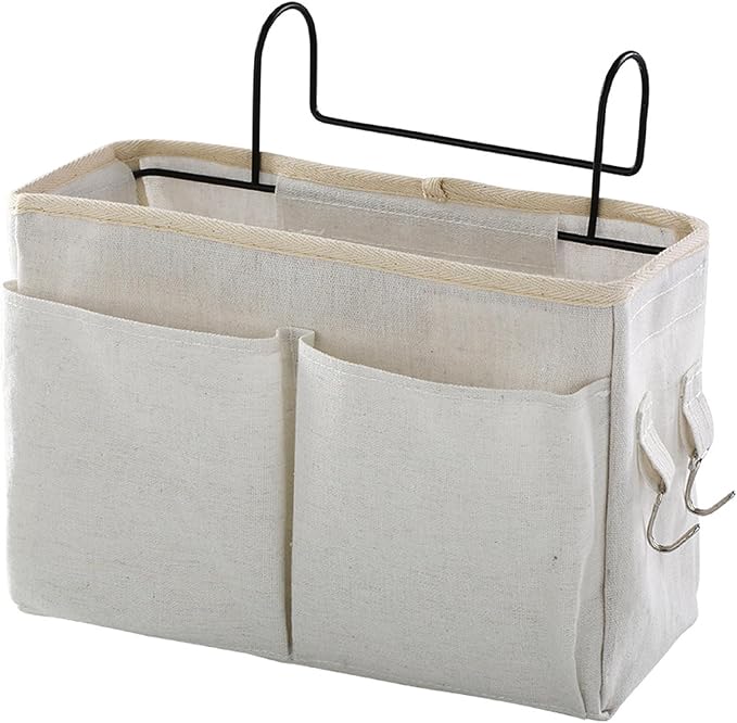 Bedside Caddy Organizer Hanging Storage Basket with Large Pockets & Hooks, Heavy-Duty Canvas Bedside Organizer for Bunk Beds, Dorm Rooms, Hospital Beds & Small Spaces (Beige)