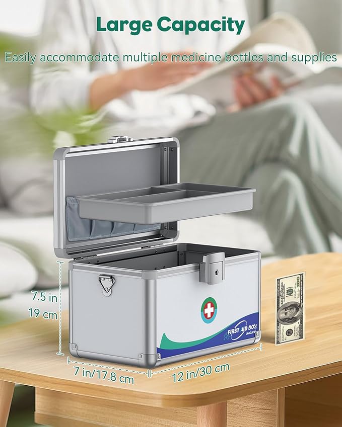 Uniclife Medicine Lock Box First Aid Box with Key Lock, Handle & Shoulder Strap Portable Medication Lockable Kit Metal Lockable Medicine Storage Security Lock Boxs for Medications, 12" x 7" x 7.5"