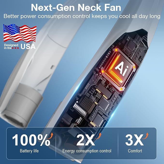 Hionly AI Neck Fan, 6 Speeds Adjustable Portable Personal Fan Rechargeable, 6000 mAh Battery Faster Cooling Wearable, Ultra Quiet for Home, Office, Travel, Outdoor