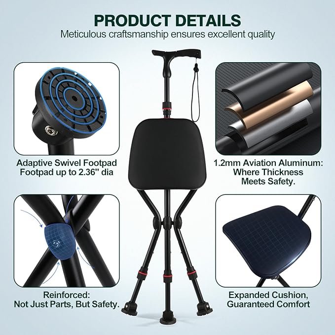 Walking Cane with Seat Holding 400 lbs – Heavy-Duty Folding Cane Chair with Upgraded Detachable 3 Legs, ABC Markings, Adjustable 19"-22" Seat Height, Large Comfort Seat for Seniors