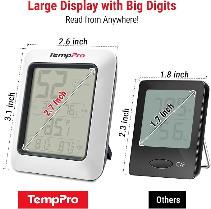 TempPro TempAir Digital Hygrometer Indoor Thermometer Room Thermometer | Humidity Meter Humidity Gauge with Temperature Humidity Monitor for House Office Celler Kitchen Greenhouse RV, 2 Pack