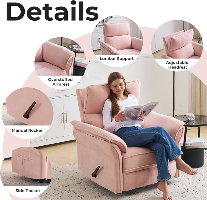 Oversized Recliner Chair, 24" Extra Wide 360° Swivel Rocker Recliner with Adjustable Headrest, Chenille Glider Rocking Nursery Chair with Overstuffed Armrest, Lumbar Support, Pink