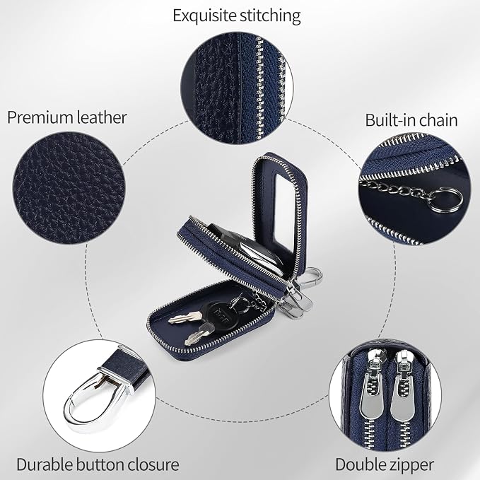 SENDEFN Car Key Fob Case Double Zipper Leather Smart Remote Keychain Protector Holder with Transparent Window