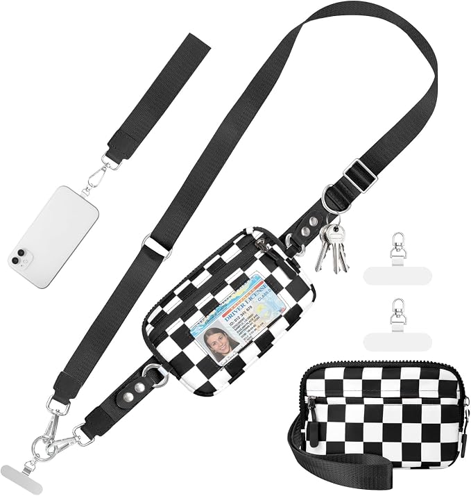Tiostep Clip and Go Strap for Phone with Wallet Crossbody Phone Lanyard Adjustable and Detachable RFID Wristlet Wallet (Black White Checkered, Medium)