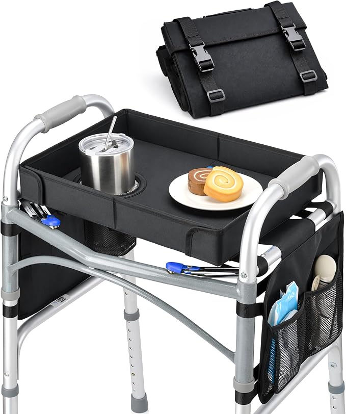Walker Tray for Folding Walker, Side Pockets & Cup Holder | Fits 17–19" Folding Walkers with Side Bars, Easy Install, Adjustable Straps, Spill-Resistant Surface, Lightweight for Seniors