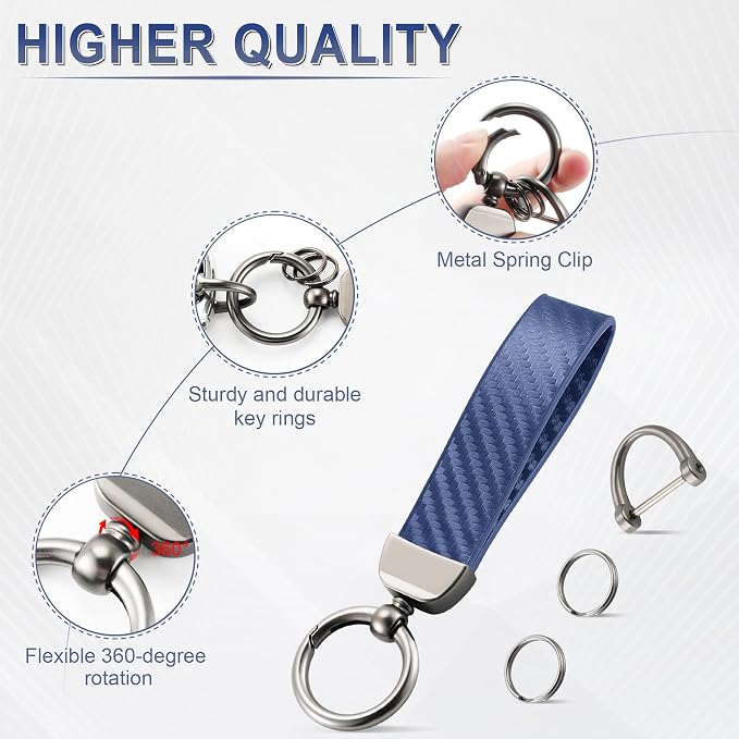 JUSTTOP Leather Keychain, Carbon Fiber Car Key Chain with Anti-Lost D-Ring and 2 Key Ring, Keychain Wristlet, Car Accessories, Universal Keychain for Men and Women (Blue)