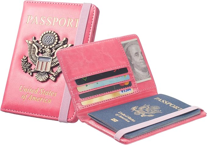 Passport Holder for Travel Women, RFID Blocking Passport Wallet Cover Case, Waterproof Leather Travel Wallet, Document Protector for Traveling Accessories-Hot Pink