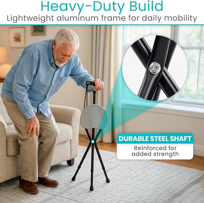 Vive Cane with Seat for Seniors - 2-in-1 Portable Cane w/Stool for Adults - Adjustable Walking Stick w/Folding Chair - Lightweight Aluminium, Anti-Slip, Easy Carry