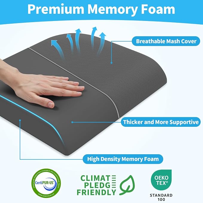 TranquilRelax XL Memory Foam Seat Cushion for Office Chair, 3.35-Inch, Gray | Medium-firm Support for Long Sitting, Washable Mesh Cover, Non-slip Base, Perfect for Car Seats & Short Drivers