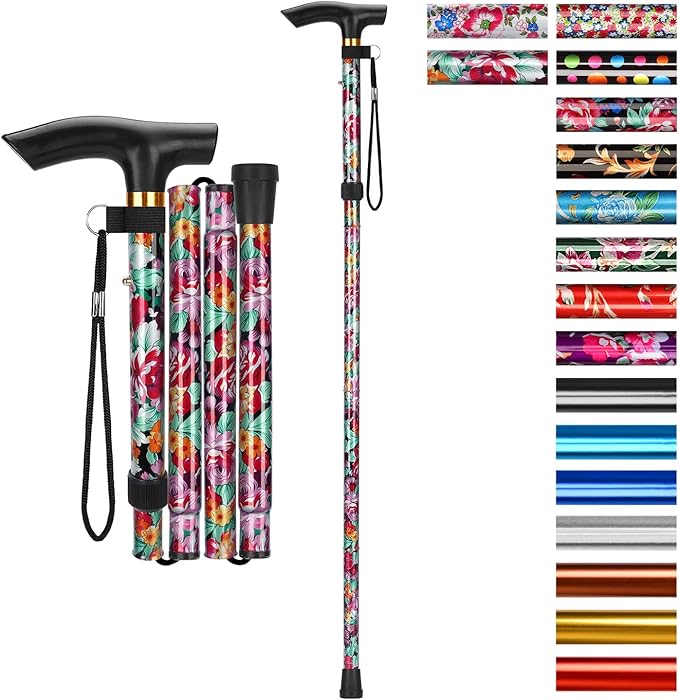 supregear Folding Cane, 5-Level Adjustable Height Walking Stick Lightweight Collapsible Portable Travel Cane with Wrist Strap and T Handle for Elderly Disabled Men Women