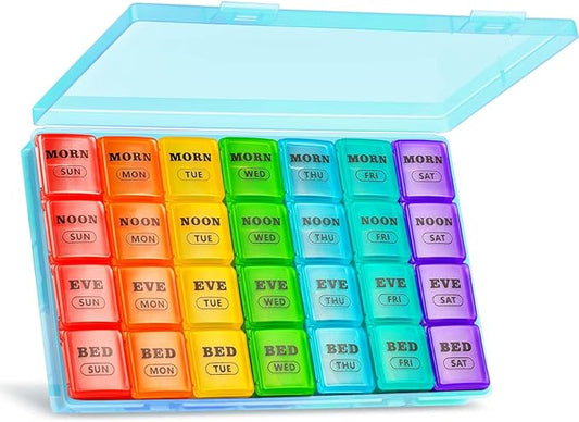 XL Large Weekly Pill Organizer 4 Times a Day, 7-Day Pill Boxes and Organizer AM PM, Big Compartments Pill Case, Monthly Medication Organizer 28 Days Dispenser for Fish Oils