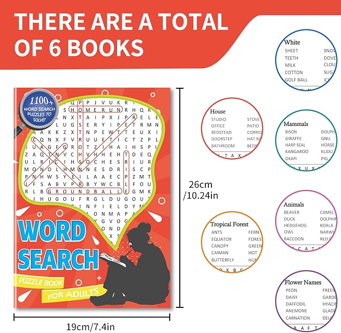Large Print 6000+ Words Word Search Puzzle Books, Set of 6 Full Size, Brain Games, Activity Book for Adults, Teens and Seniors