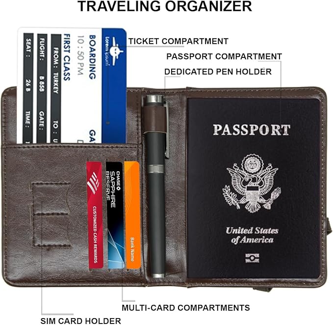 RFID Passport Wallet, RFID Passport Holder for Wallet, Essential Travel Anti-Theft Wallet Storage Case, Anti-Theft Protective Case,Coffee