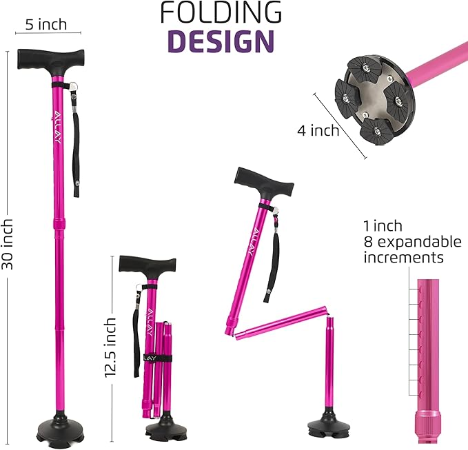 Allay Walking Cane for Men & Women - Foldable, Adjustable, Collapsible Walking Canes for Seniors Balance, Free Standing, Pivot Tip, Heavy Duty, with Travel Bag | Walking Sticks for Seniors & Adults