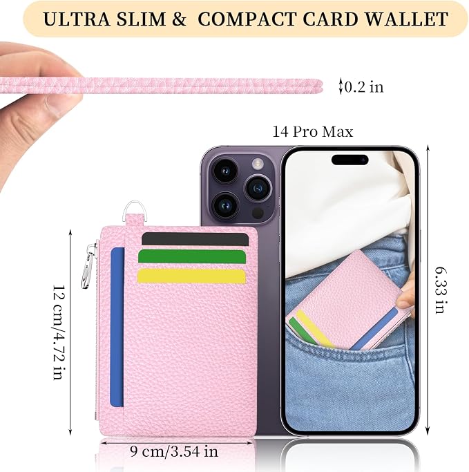 Hancynir Minimalist Slim Wallet Women Credit Card Holder, RFID Small Cute | Zipper Pocket Wallet, Thin Travel Coin Purse, Ladies Women Gifts, Key Chain Card Case, 6 Card Slots, ID Window, PU Leather