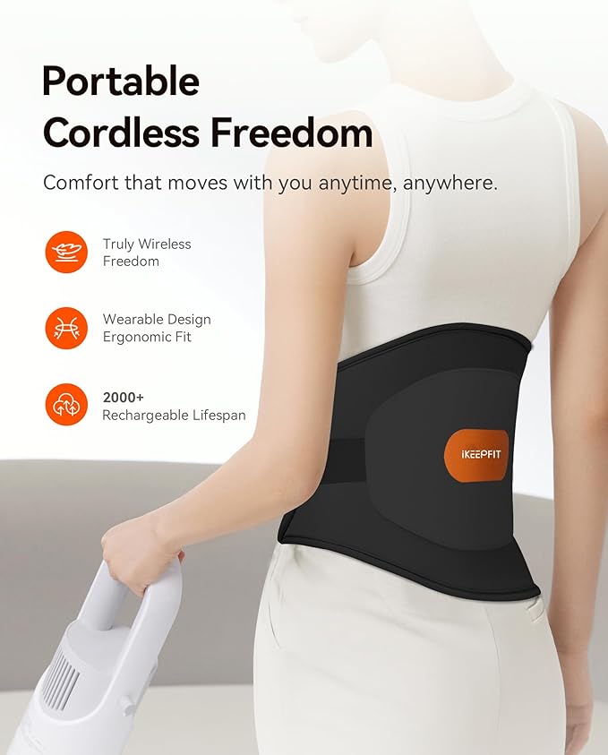IKEEPFIT® Heating Pad for Back Pain Relief: MAXwarm® 3.0, Portable Cordless Heat Pad with Massager for Period Cramps, 8000mAh Large Battery, Christmas Gift for Women Men 90-310 lbs