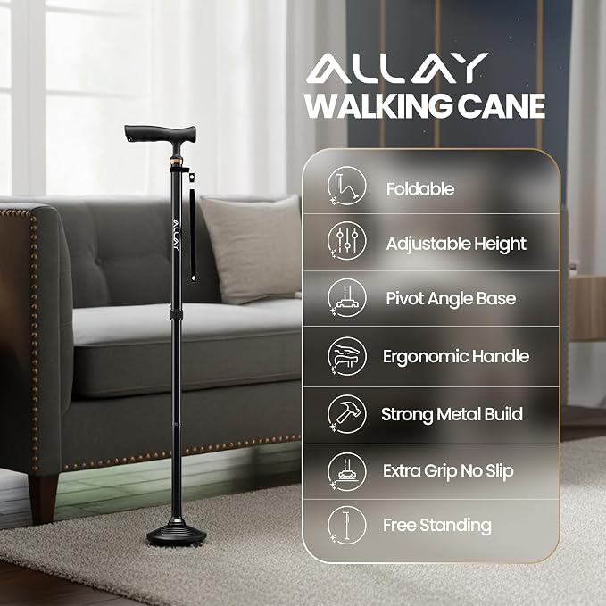 Allay Walking Canes for Men & Women - Adjustable Canes for Women for Stability, Self Standing Wide Quad Pivot Base, Light Weight, Soft Handle Grip and Travel Bag, Walking Sticks for Seniors