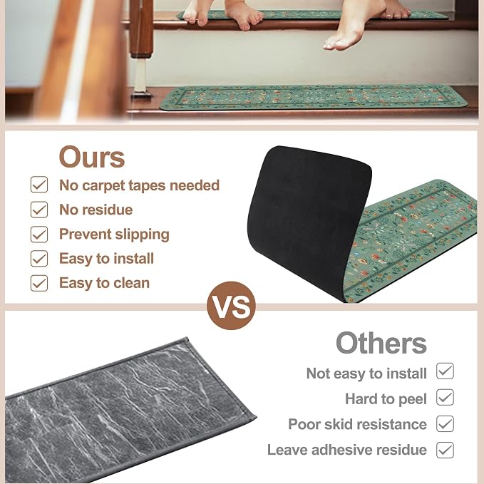 OJIA Non-Slip Stair Runner for Wooden Steps 15PC 30"x8" Carpet Stair Treads | Indoor Floral Stair Treads Carpet Stair Mats Staircase Step Treads for Kids, Elders and Dogs, Stair Covers, Green