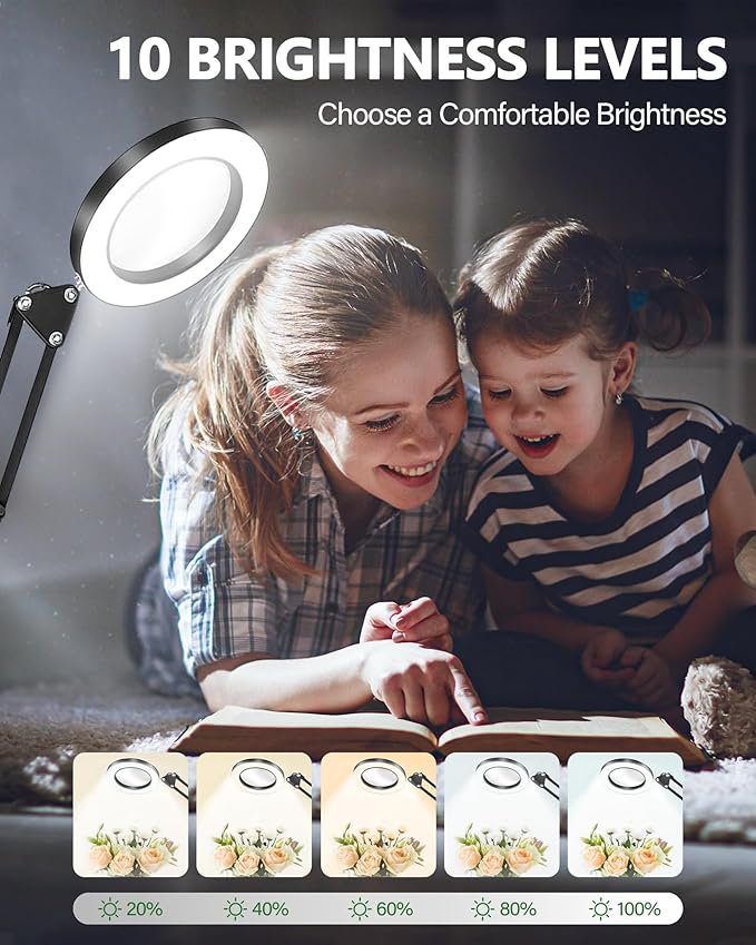 TANYO 10X Magnifying Glass with Light, 3 Color Mode, Hands Free | Real Glass Lens, Dimmable LED Light, C-Clamp, Flexible Desk Magnifier for Jewelry Sewing Crafts Embroidery Repair