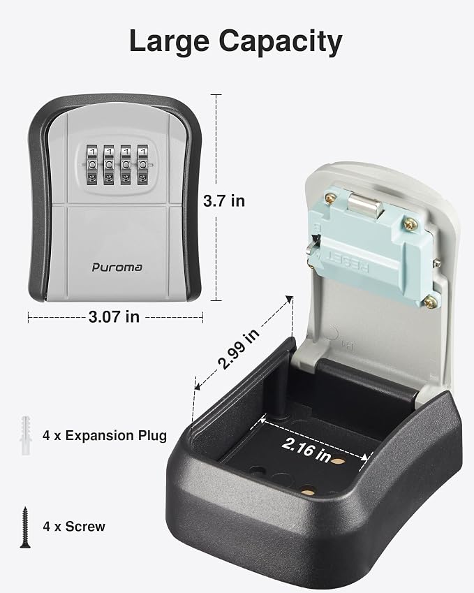 Puroma Key Lock Box Combo Wall-Mounted Storage Safe Lockbox Home Office | Outside, Portable, Wall Mount, Resettable, Combination, Weatherproof, High-capacity, Hold 5 Keys, Contractor Guest Realtor