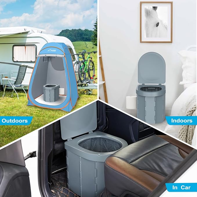 Portable Camping Toilet, Folding Toilet for Adults with Lid and Retractable Toilet Paper Holder, Waterproof Porta Potty with Carry Bag and Disposible Liners