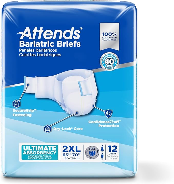Attends Bariatric Incontinence Disposable Briefs, XX-Large, 63"-70" Waist with Tab Closures, Ultimate Absorbency, Dry-Lock Containment Core and ConfidenceCuff Leakage Protection, 2XL 12ct Bag