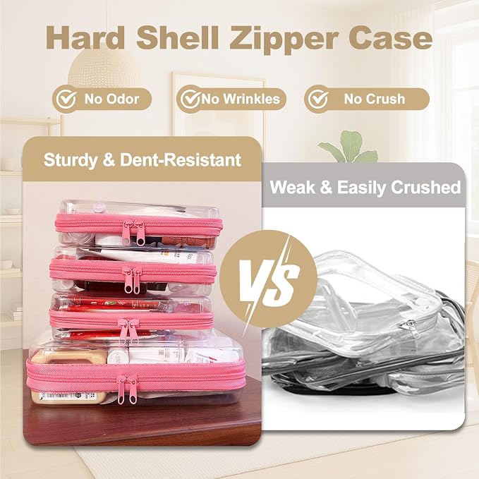 4 pcs Clear Zipper Pouches, Hard Shell Zipper Case, Makeup Organizer | Travel Toiletry bag, Diaper Bag, Travel Organizer, Clear Cosmetic Bag,Toy Storage Bins (M+3S Pink)