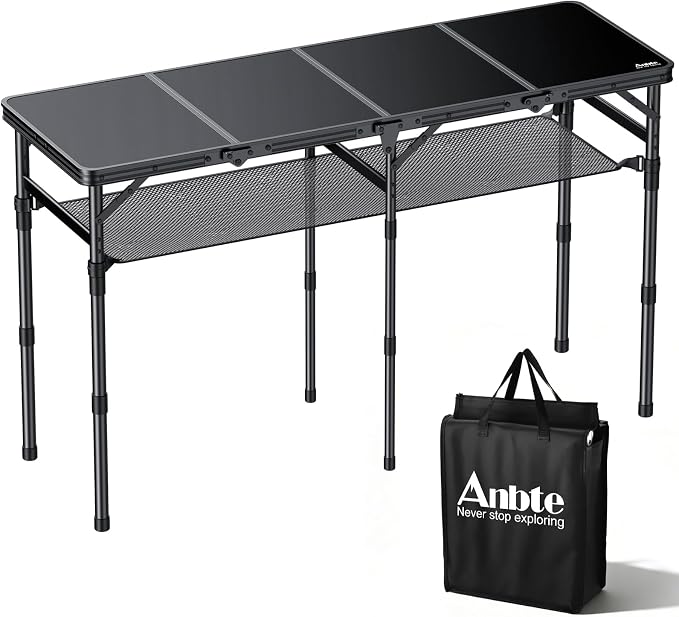 Anbte 4-Fold Camping Table, 3 Adjustable Height Max 27.5”, 46” X 16”, Black | with Storage Net, 4ft Aluminum Portable Camping Table, Lightweight, For Picnic Beach Outdoor Indoor RV Travel Tailgate