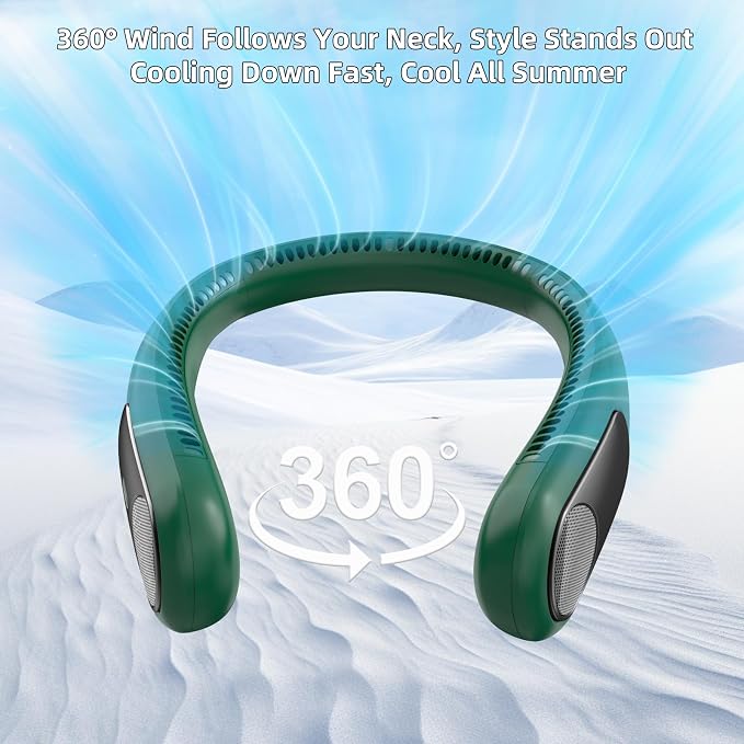 Portable Neck Fan, Personal Wearable Bladeless Fan for Outdoor Indoor, LED Display, 360° Cooling, 4-Speeds, 6000mAh USB Rechargeable, Birthday Gifts for Men Women Dad Mom (Dark green)
