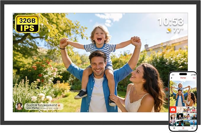 FRAMEO 15.6 Inch 32GB Large Digital Photo Frame, Digital Picture Frame WiFi, IPS HD Touch Screen, Photo Frame with Auto-Rotate Instant Share Photo/Video Sharing via Frameo App, Gift for Mom
