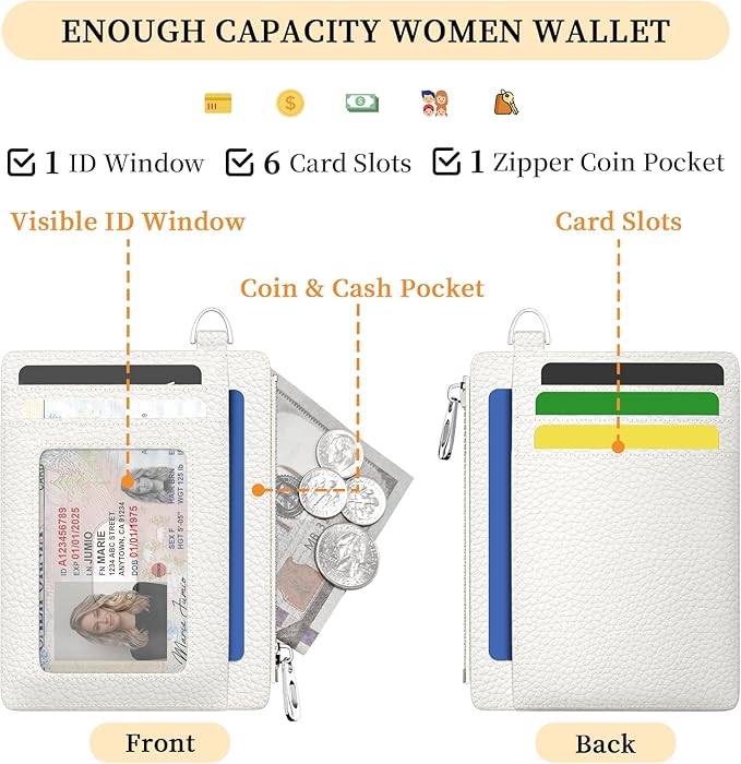 Hancynir White Minimalist Small Wallet Women Credit Card Holder RFID Slim | Zipper Pocket Wallet, Thin Travel Coin Purse, Ladies Women Mens Gifts, Cute Card Case, 6 Card Slots, ID Window, PU Leather