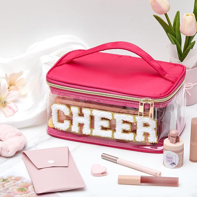 Geetery Chenille Letter Bag, Meds Cheer Travel Cases Cheerleader Gifts Cosmetic Bag Nylon Makeup Portable Preppy Patch with Zipper Toiletry Storage Case for Women(Hot Pink,Cheer)