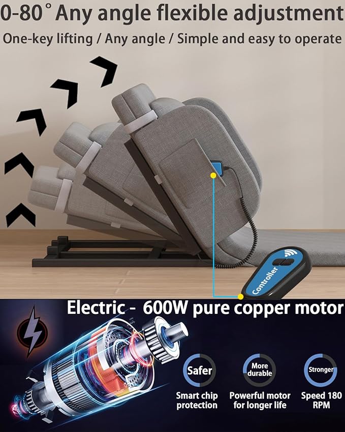 Electric Bed Lifting to Get Up - Bed Assistant to Get Out of Beds, Adjustable Beds Rest Help The Elderly Patients Gets Up Easily, Load Max 330 lbs, Silent Lift 2° - 80°, with Guardrails,75 X 32 inch