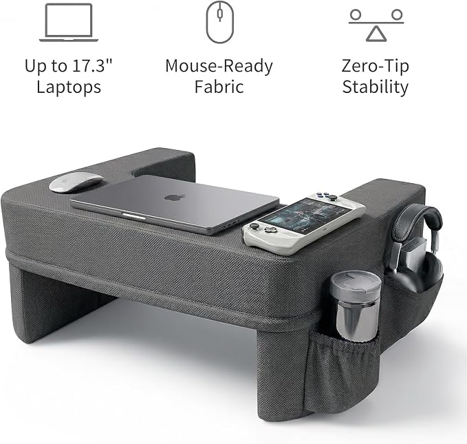 septsun 26" Extra Wide Lap Desk Pillow, Laptop Desk for Couch and Bed | Dark Gray Large Soft Foam Workstation with Ergonomic Armrest Elbow Relief; Mouse-ready Fabric, Cup Holder, Sofa Gaming