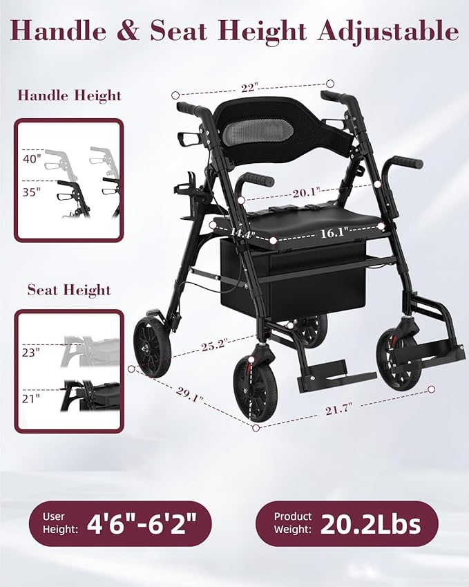 Walkers for Seniors with Seat, 2 in 1 Rollator Walker & Transport Chair with Reversible Backrest & Detachable Footrests, Folding Wheelchair with 8" Anti-Slip PU Wheels, Black