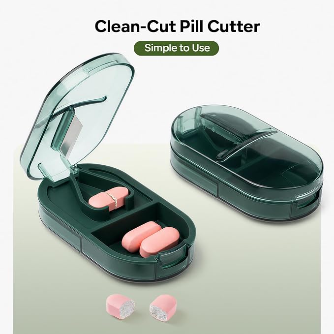 Pill Cutter Splitter with Precise Cutting for Large, Small & Tiny Pills | with Removable Silicone Pad, Easy-Cut Stainless Steel Blade for Tablets, Vitamins, Medication, Portable, Compact Size, Green