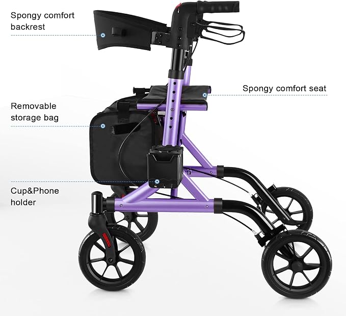 WALK MATE Rollator Walker for Seniors with Cup Holder, Upgraded Thumb Press Button for Height Adjustment, 4 x 8 Wheels Walker with Seat Padded Backrest Folding Lightweight Walking Aid, Purple