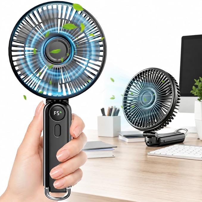 Portable Handheld Fan, 10000mAh Rechargeable 6-Inch Personal Fan for Travel | Ultra Quiet Foldable Desk Fan, 5-Speed Battery Operated Fan with Up to 40H Runtime and Digital Display for Travel and Makeup