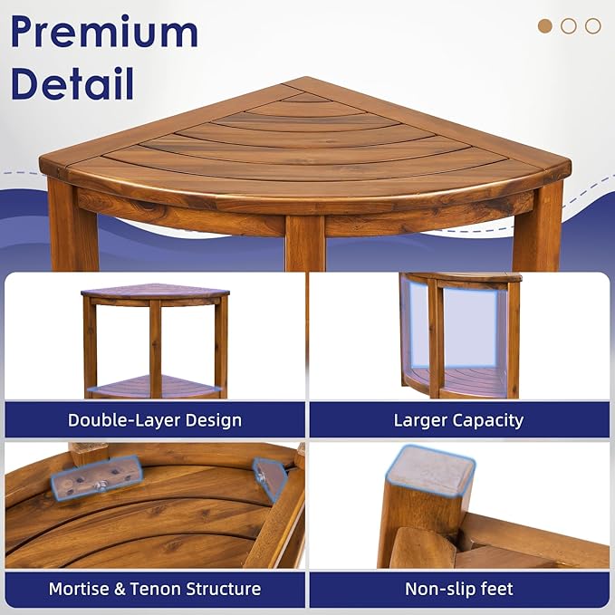 Teak Shower Stool, 18" Corner Shower Benches for Inside Shower Bathroom Wood Shower Seat with Storage Shelf Waterproof - S35796