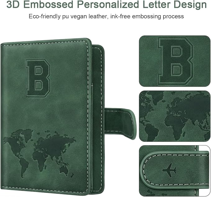 Passport Holder Wallet Cover Personalized Initial Travel Essentials | Embossed Letter A-Z Design, Travel Wallets, RFID Blocking, Passport Book Holders, Women and Men, Personalized Gifts, Green-B