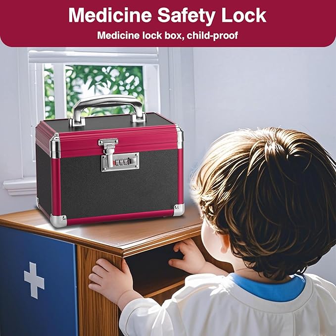Medicine Lock Box with Combination Lock - 11.2 x 7.6 x 7.6 Inches - First Aid Safe Medication Storage Box, Medications and Personal Items, Safe Boxes for Home and Outdoor - Black Red