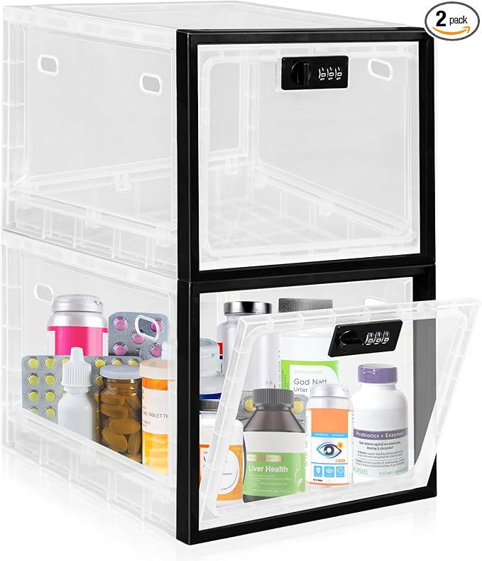 Gemaxvoled 2 Pack Medicine Lock Box, Large Capacity Premium Material Lockable Storage Bin Organizer Box with Combination Code for Safe Medication/Fridge Food/Snacks/Phone/Tablet Jail