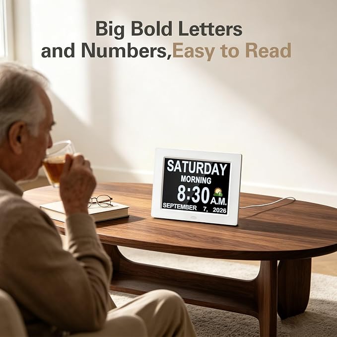 JALL 12" Large Digital Calendar Day Clock for Seniors 2026 - Easy to Read Alzheimer's Dementia Memory Loss Clock for Elderly with IPS Wide Angle，Day & Date, 12 Custom Alarms & Auto-Dimming, White